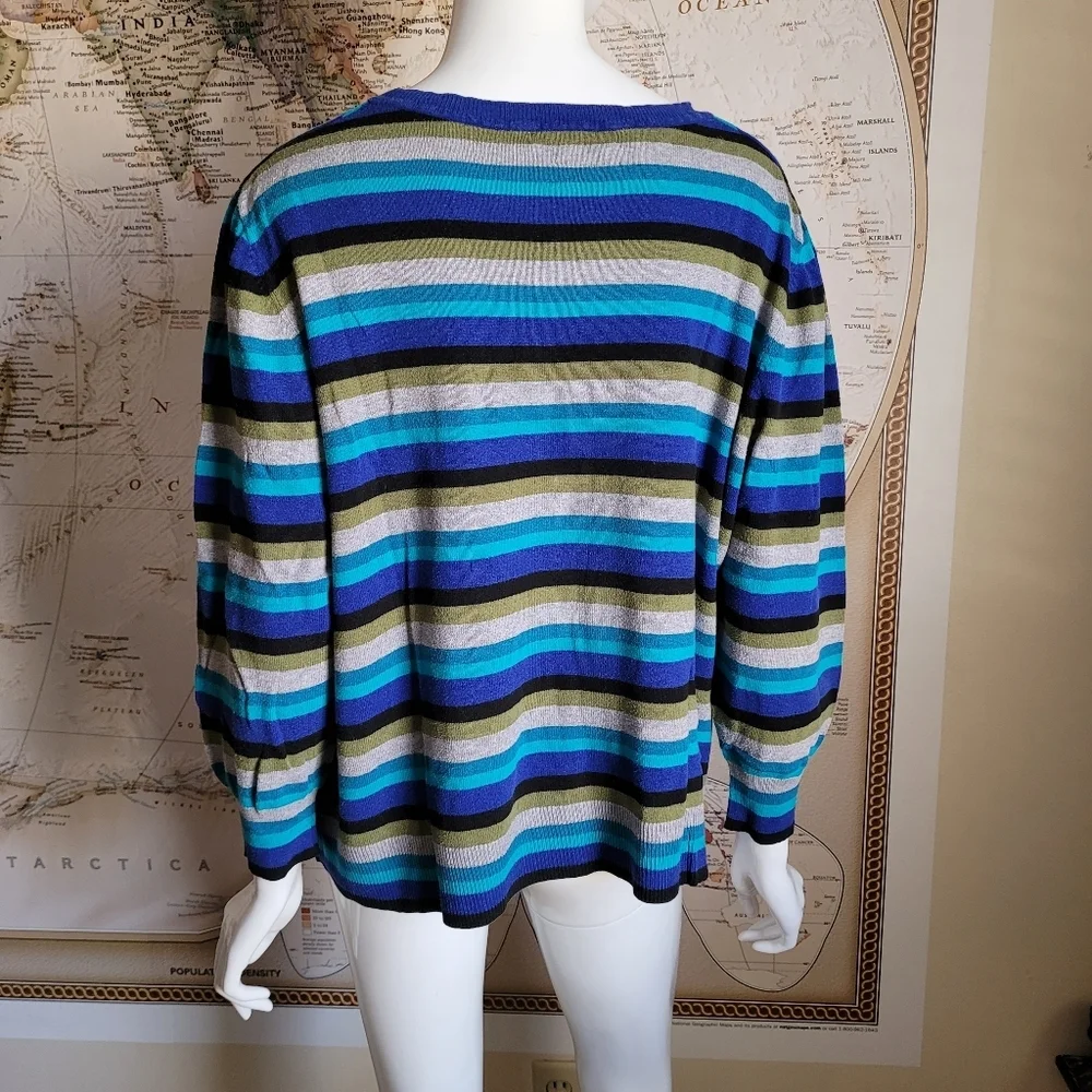 Studio Works Blue Olive Gray Striped V-Neck Light Sweater Nautical Preppy 2X - Picture 11 of 11